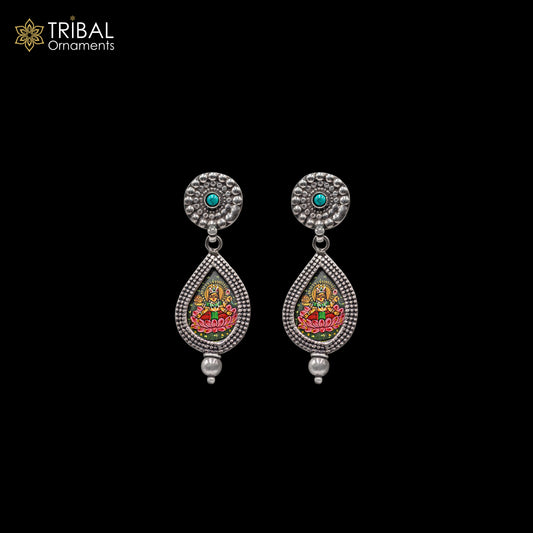 925 sterling silver lord Laxmi ji painting miniature art Painting  drop dangle earring s1356 - TRIBAL ORNAMENTS