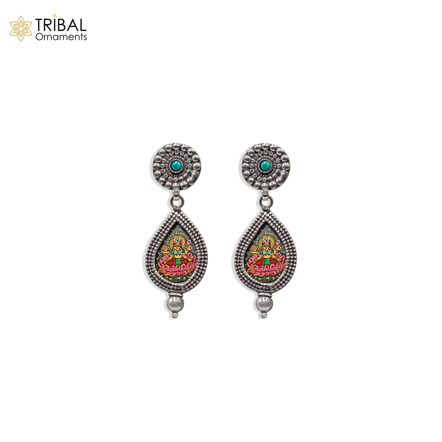 925 sterling silver lord Laxmi ji painting miniature art Painting  drop dangle earring s1356 - TRIBAL ORNAMENTS