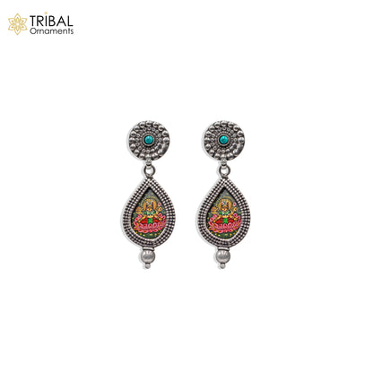 925 sterling silver lord Laxmi ji painting miniature art Painting  drop dangle earring s1356 - TRIBAL ORNAMENTS