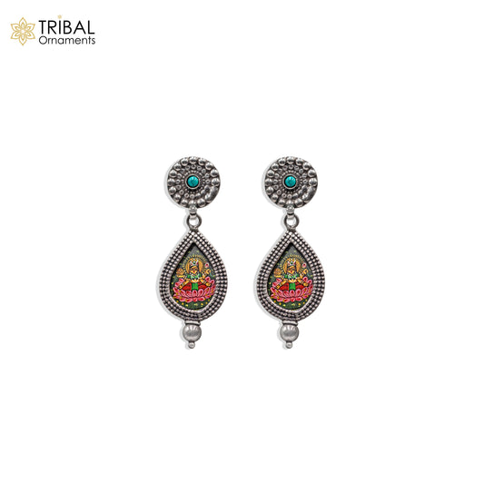 925 sterling silver lord Laxmi ji painting miniature art Painting  drop dangle earring s1356 - TRIBAL ORNAMENTS