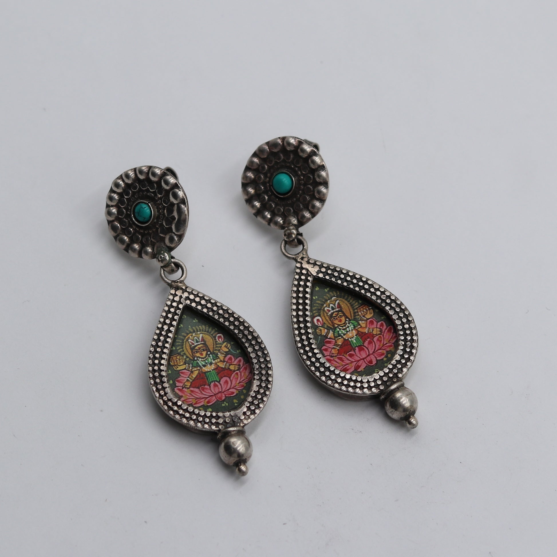 925 sterling silver lord Laxmi ji painting miniature art Painting  drop dangle earring s1356 - TRIBAL ORNAMENTS