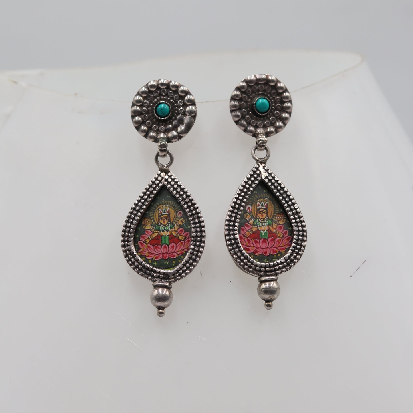 925 sterling silver lord Laxmi ji painting miniature art Painting  drop dangle earring s1356 - TRIBAL ORNAMENTS