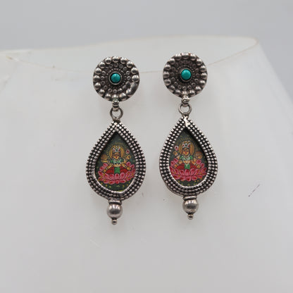 925 sterling silver lord Laxmi ji painting miniature art Painting  drop dangle earring s1356 - TRIBAL ORNAMENTS