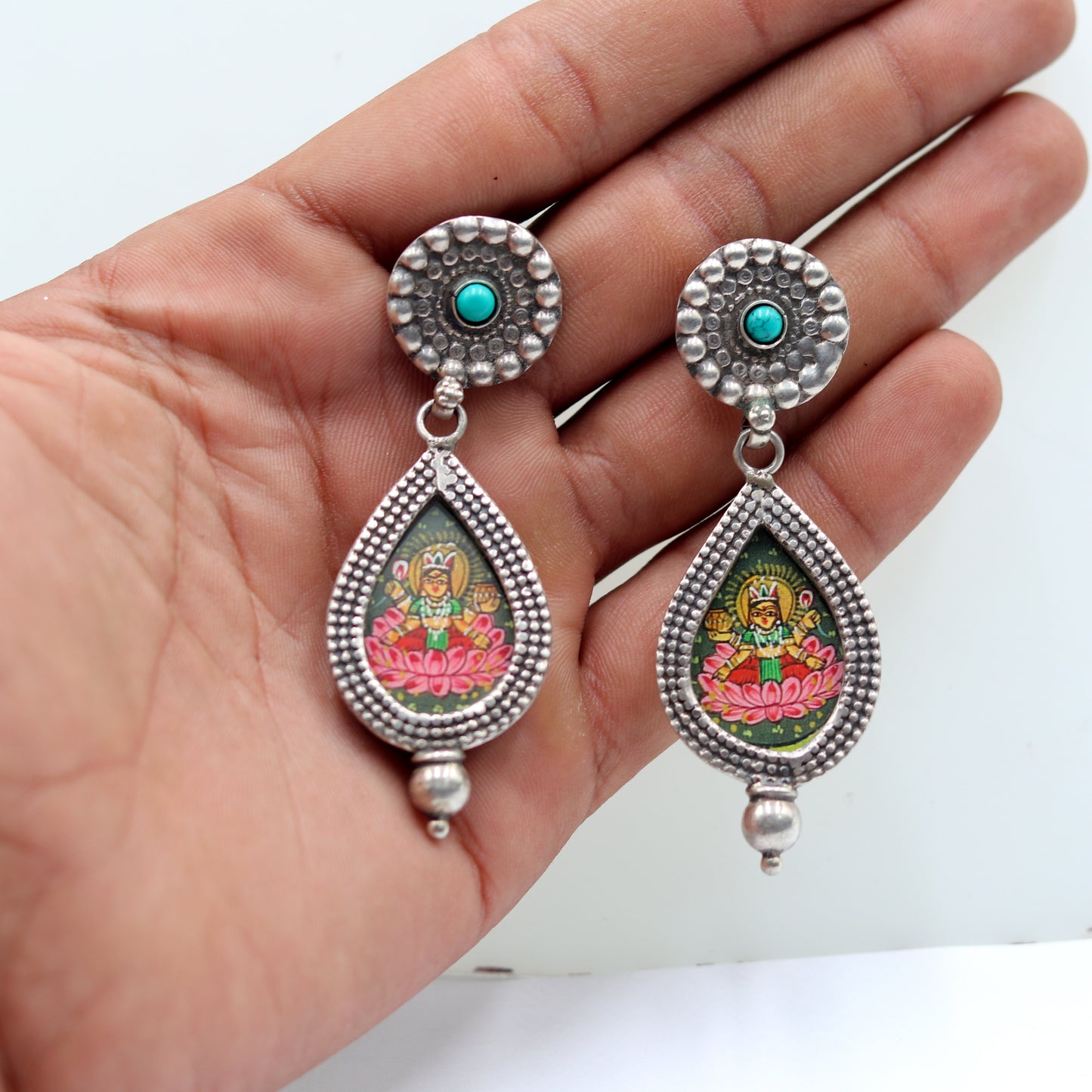 925 sterling silver lord Laxmi ji painting miniature art Painting  drop dangle earring s1356 - TRIBAL ORNAMENTS