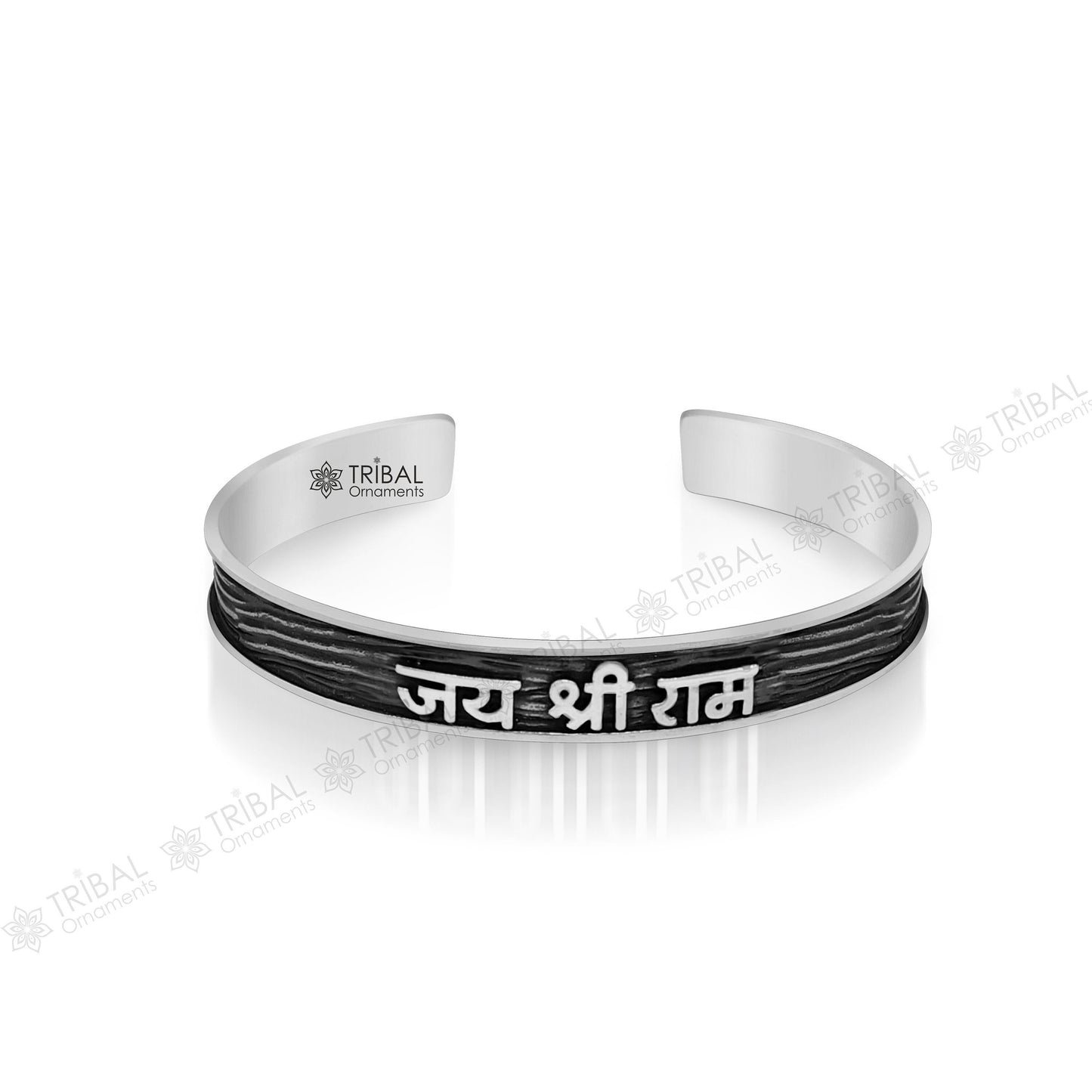 Sterling silver Lord Rama mantra adjustable bangle cuff for men and women, featuring "JAI SHRI RAM" inscription and tribal design.