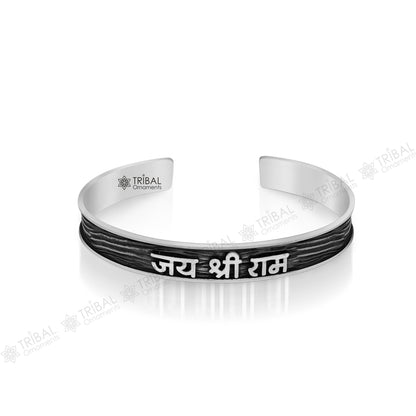 Sterling silver Lord Rama mantra adjustable bangle cuff for men and women, featuring "JAI SHRI RAM" inscription and tribal design.