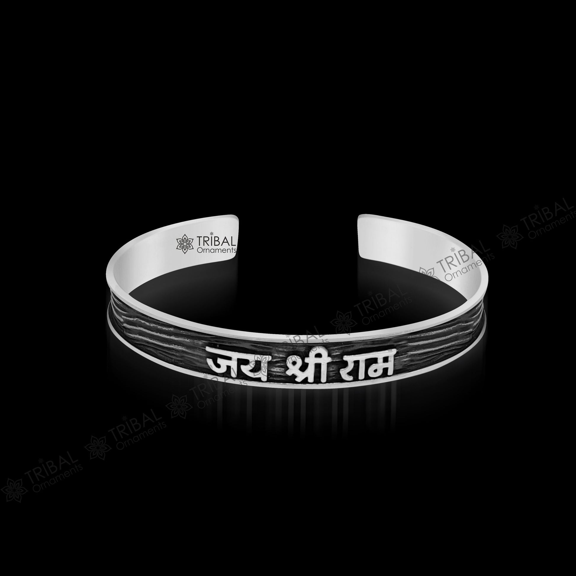 Sterling silver Lord Rama mantra "JAI SHRI RAM" adjustable unisex cuff bangle bracelet by Tribal Ornaments, featuring intricate design.