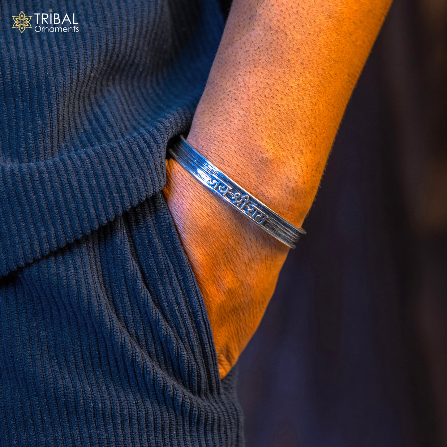 925 Sterling silver Lord Rama mantra "JAI SHRI RAM" adjustable bangle cuff for men and women, tribal design, unisex jewelry.