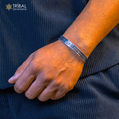Sterling silver Lord Rama mantra "JAI SHRI RAM" adjustable unisex bangle cuff bracelet by Tribal Ornaments, featuring intricate design.