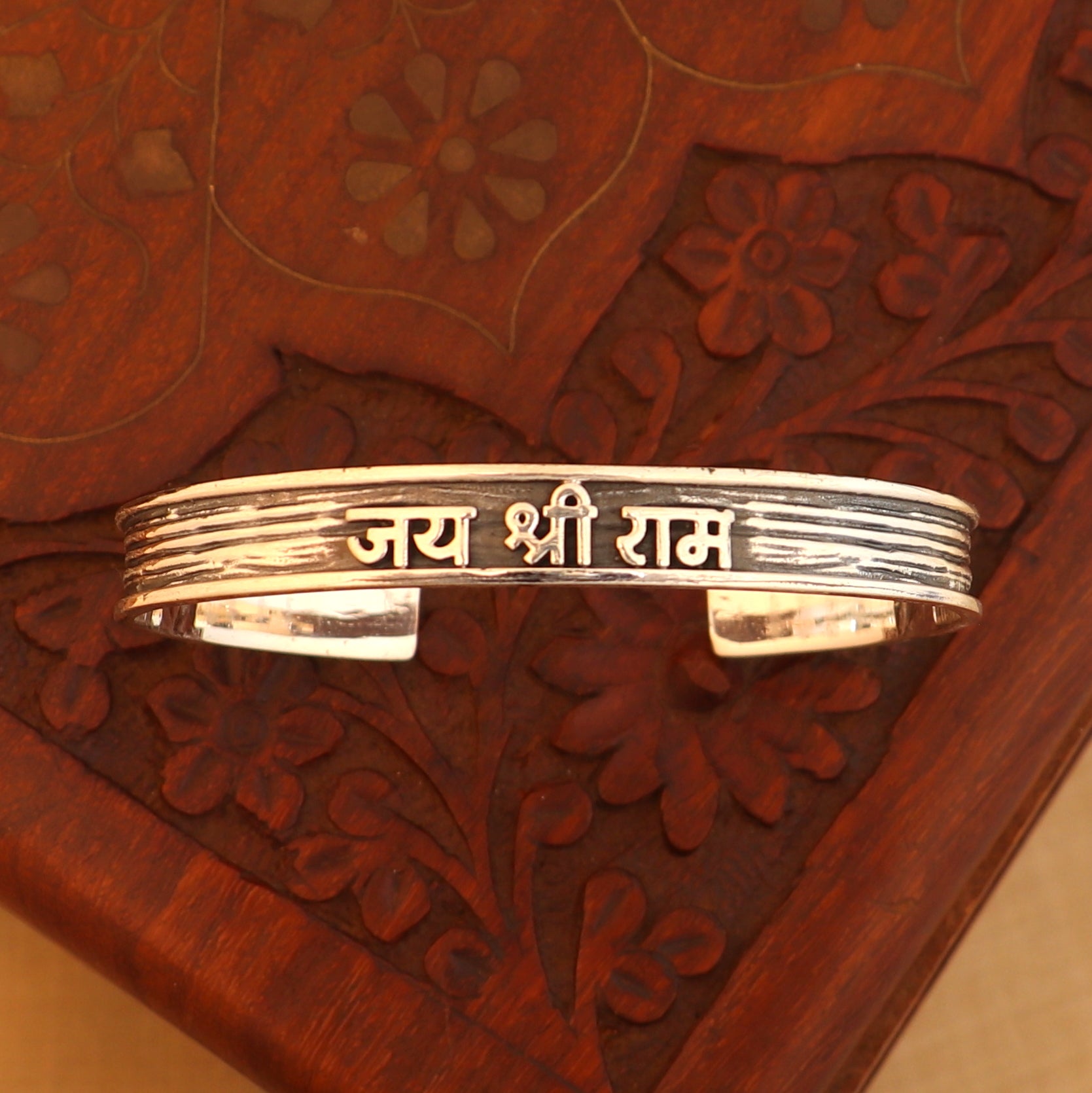 925 Sterling silver Lord Rama mantra "JAI SHRI RAM" adjustable bangle cuff for men and women, tribal-inspired unisex bracelet.