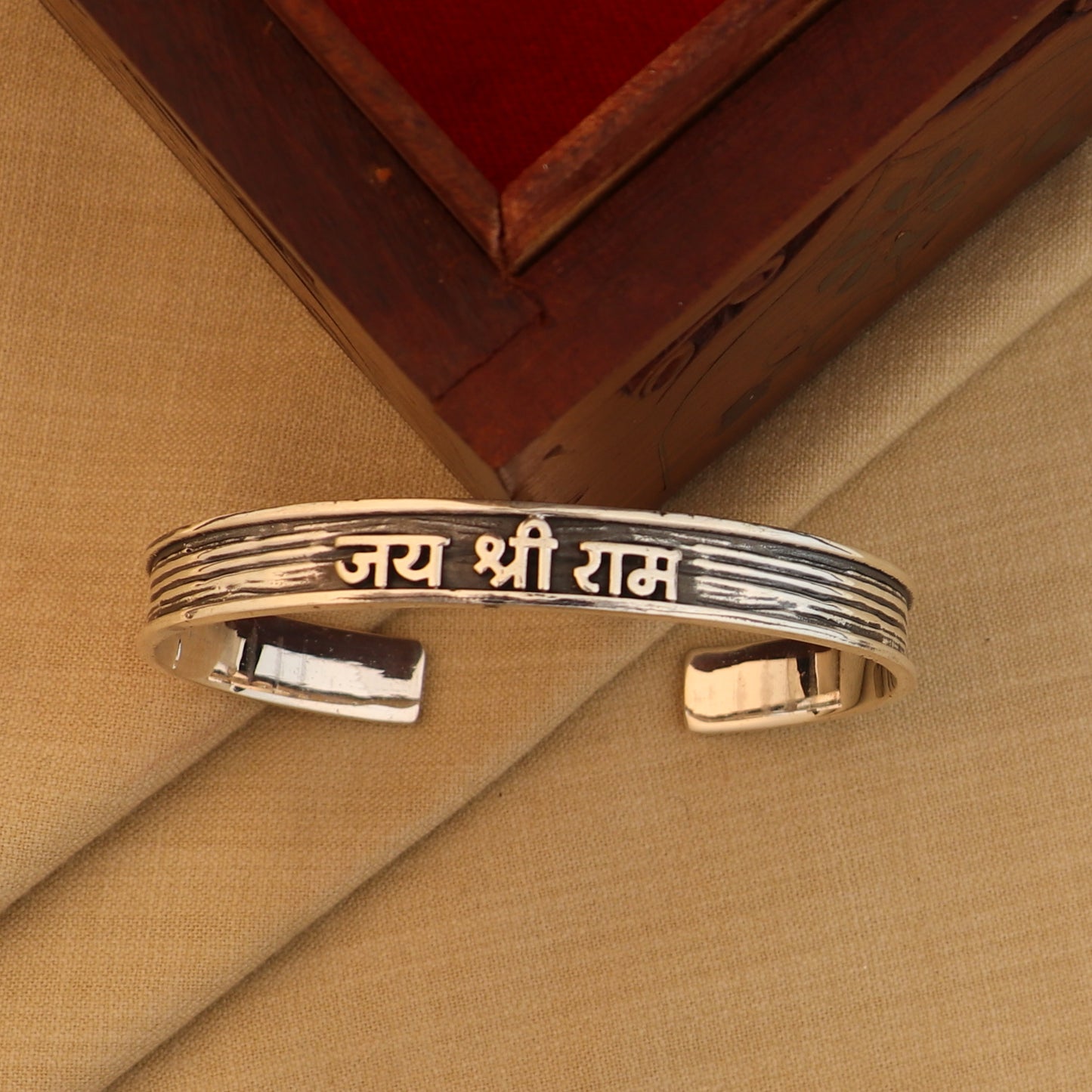 Sterling silver Lord Rama mantra adjustable bangle cuff for men and women, featuring "JAI SHRI RAM" inscription, tribal design.