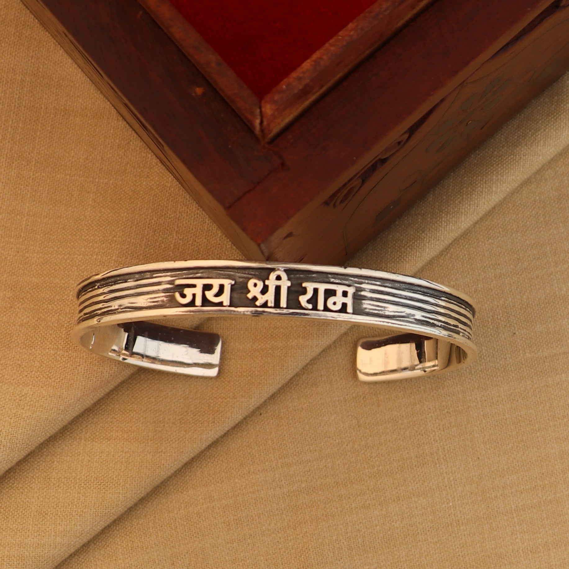 Sterling silver Lord Rama mantra adjustable bangle cuff for men and women, featuring "JAI SHRI RAM" inscription, tribal design.