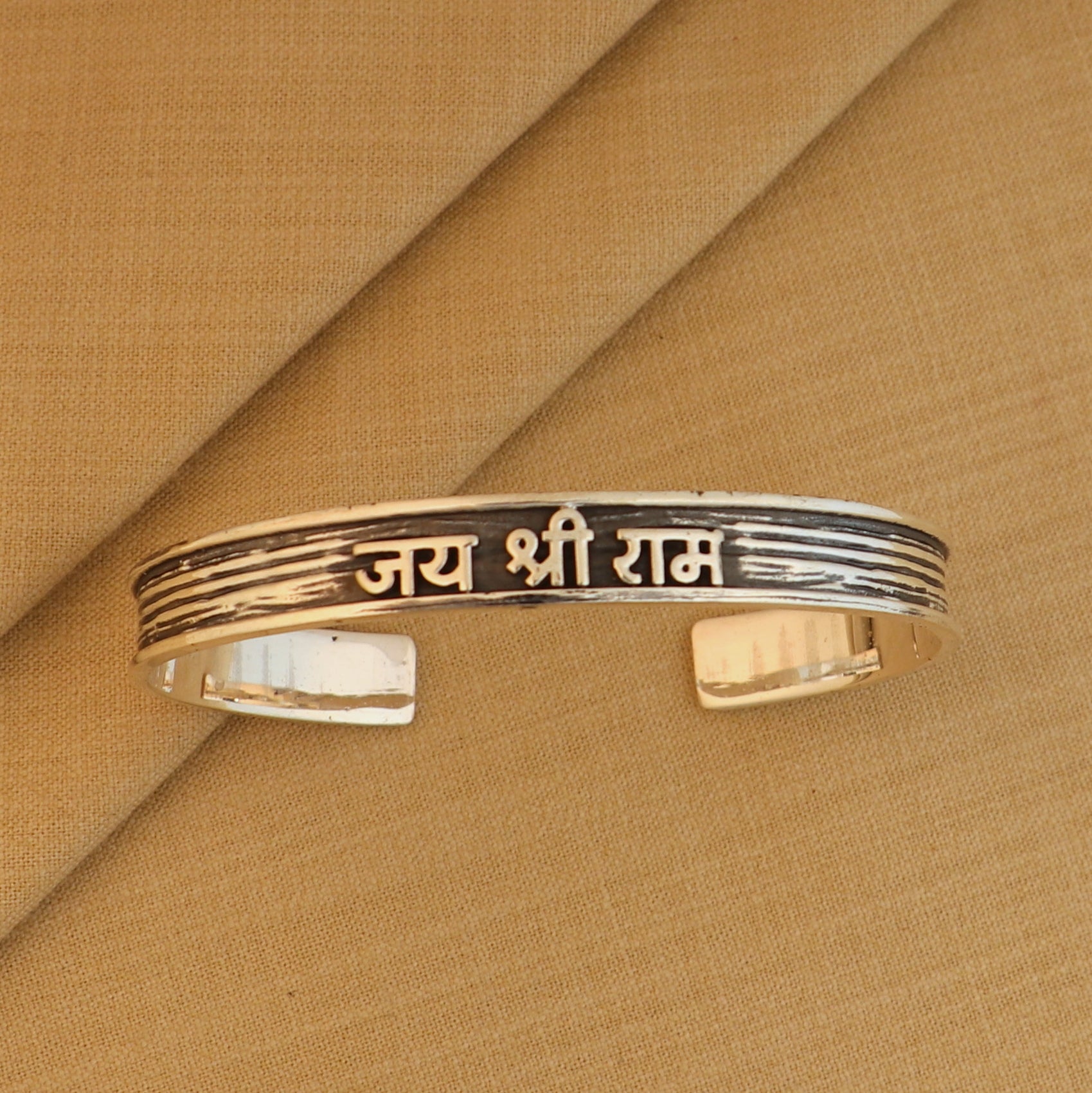 Sterling silver Lord Rama mantra "JAI SHRI RAM" adjustable bangle cuff bracelet for men and women by Tribal Ornaments.