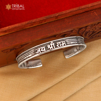 Sterling silver Lord Rama mantra "JAI SHRI RAM" adjustable bangle cuff bracelet for men and women by Tribal Ornaments.