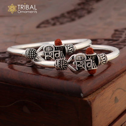 Sterling silver Lord Shiva trident bangle for kids with intricate tribal design, featuring the "SHIVA" inscription.