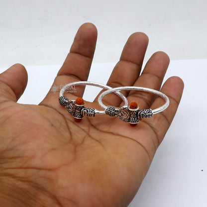 Sterling silver Lord Shiva trident bangle for kids, tribal design, decorative jewelry bracelet with "SHIVA" inscription.