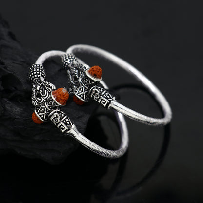925 Sterling silver Lord Shiva trident bangle for kids featuring intricate tribal design and "SHIVA" inscription.