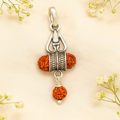 925 sterling silver Lord Shiva trident pendant with Rudraksha, oxidized tribal design, suitable for belly dance jewelry.