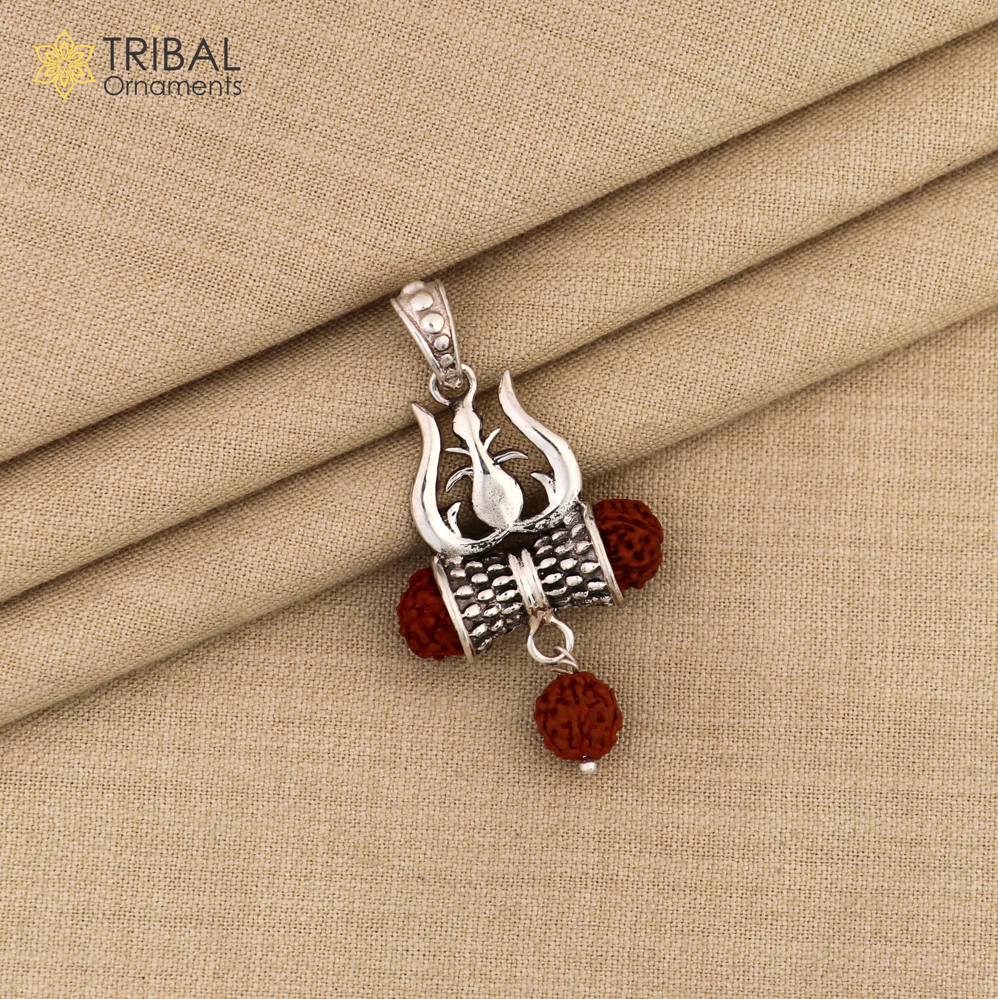 925 sterling silver Lord shiva trident shape rudraksha beads pendant pendant for unisex ssp317 - TRIBAL ORNAMENTS
