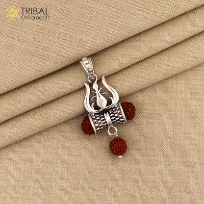 925 sterling silver Lord Shiva trident-shaped Rudraksha beads pendant for unisex jewelry by Tribal Ornaments.