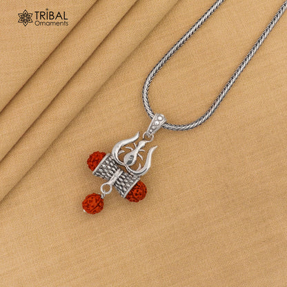 Sterling silver Lord Shiva trident pendant with Rudraksha beads, unisex design by TRIBAL ORNAMENTS.