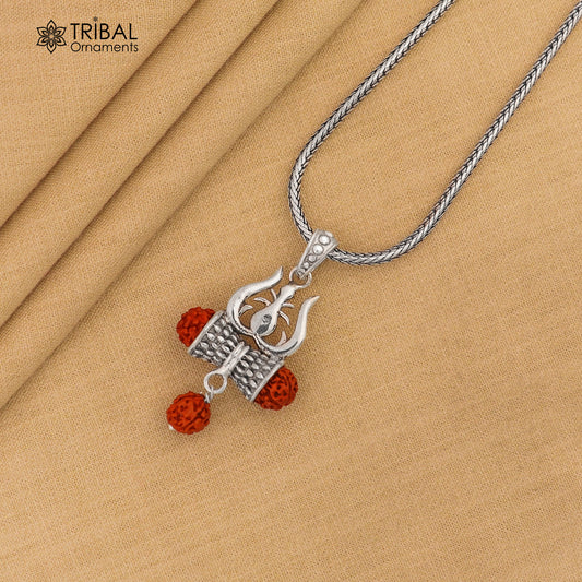 925 sterling silver Lord shiva trident shape rudraksha beads pendant pendant for unisex ssp317 - TRIBAL ORNAMENTS