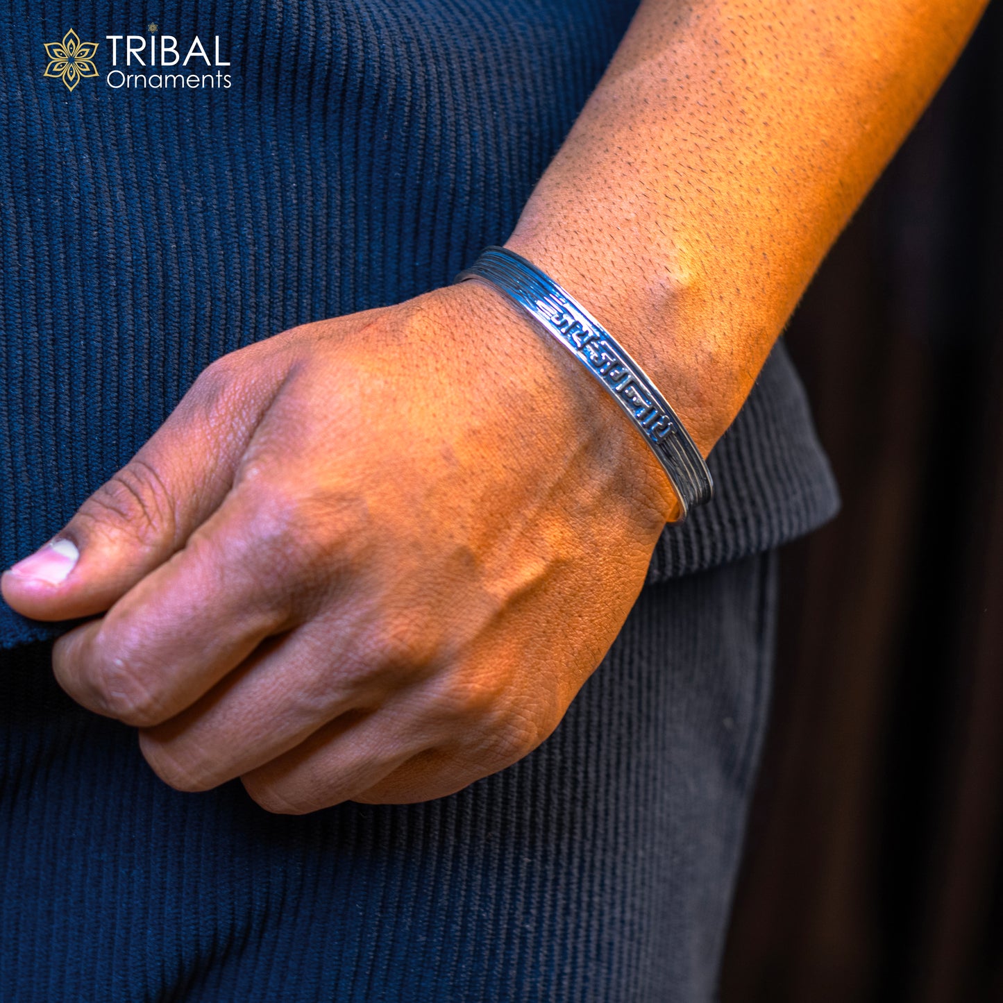 Sterling silver Lord Vishnu mantra "JAI JAGANNATH" adjustable unisex bangle cuff bracelet by TRIBAL ORNAMENTS.
