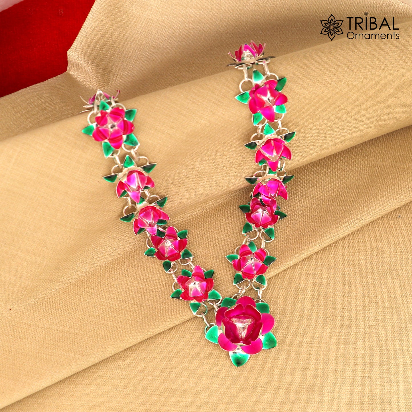 925 sterling silver lotus flower design necklace for idols or god statues a jewelry set763 - TRIBAL ORNAMENTS