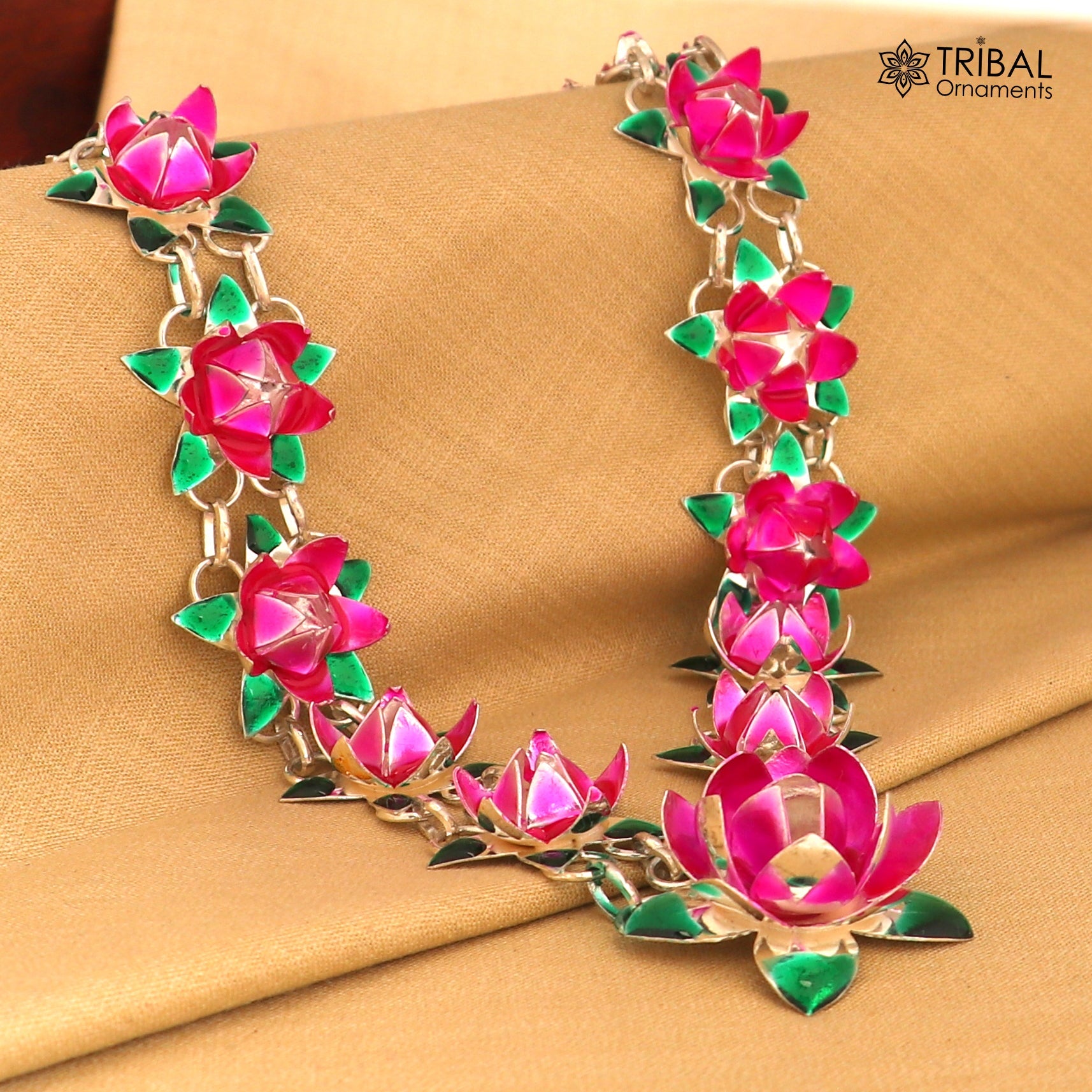 925 sterling silver lotus flower design necklace for idols or god statues a jewelry set763 - TRIBAL ORNAMENTS