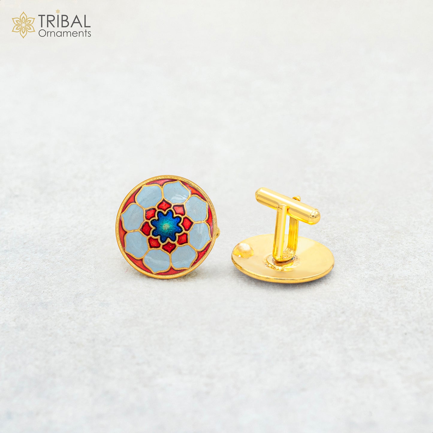 925 Sterling silver mandala design gold polished cufflinks set of 2 for men's coat or suit, featuring intricate tribal ornament patterns.