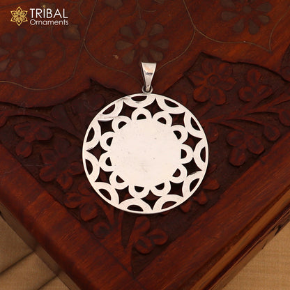 Sterling silver mandala pendant by Tribal Ornaments featuring intricate tribal jewelry design with a stylish, detailed pattern.
