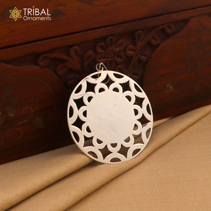 925 Sterling silver mandala pendant featuring tribal-inspired design, stylish jewelry piece with intricate tribal ornament details.