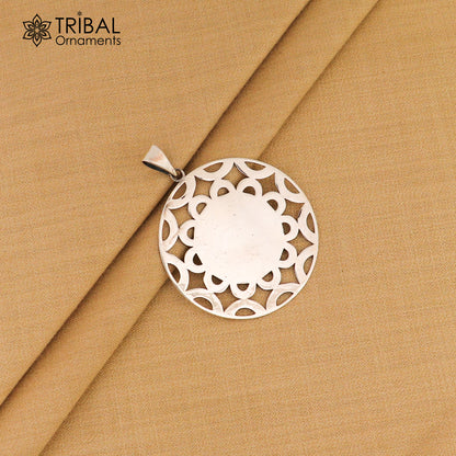 Sterling silver mandala pendant featuring tribal-inspired design, stylish jewelry piece from Tribal Ornaments.