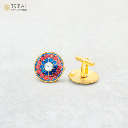 925 Sterling silver mandala Minakari design cufflinks set of 2 for men's coat or suit, gold polished, tribal ornaments style