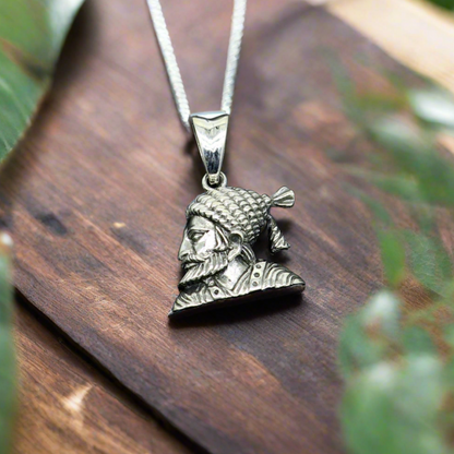 Sterling silver Maratha king Shivaji pendant, unisex tribal jewelry featuring royal design and detailed craftsmanship.