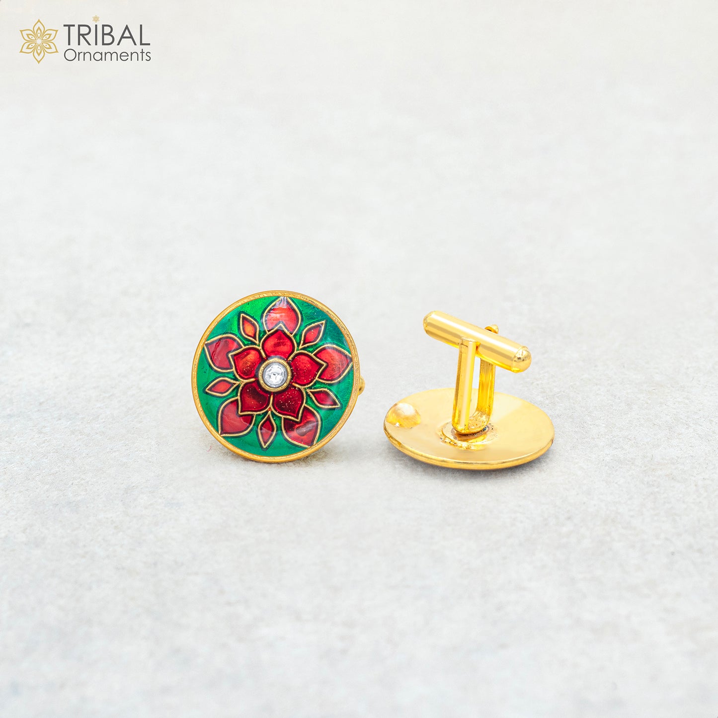 925 Sterling silver Minakari design gold-polished cufflinks set for men's coats or suits by TRIBAL ORNAMENTS.