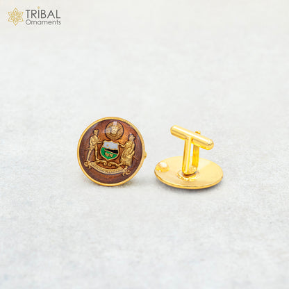 925 Sterling silver Minakari design cufflinks set for men, gold polished, ideal for suits or coats, by TRIBAL ORNAMENTS