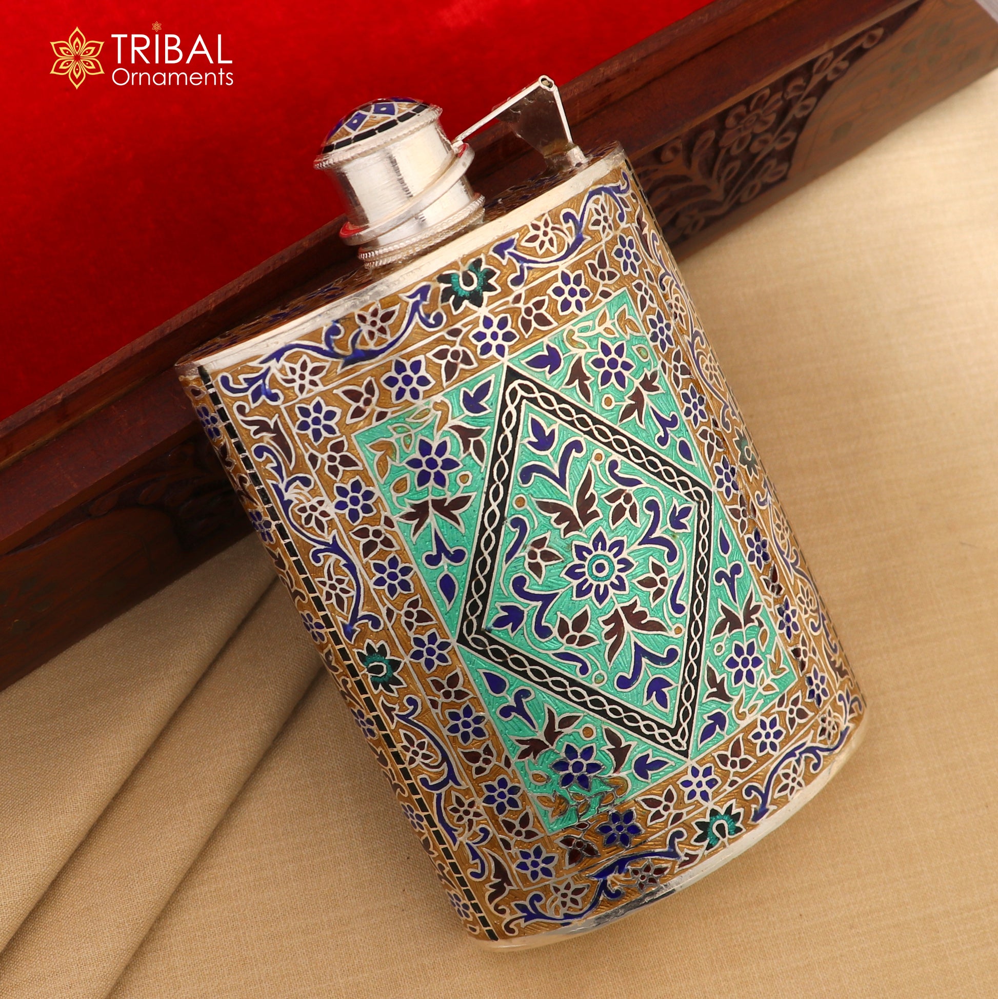 925 sterling silver minakari design silver wine bottle, silver drink bottle, royal style silver article,utensil sv321 - TRIBAL ORNAMENTS