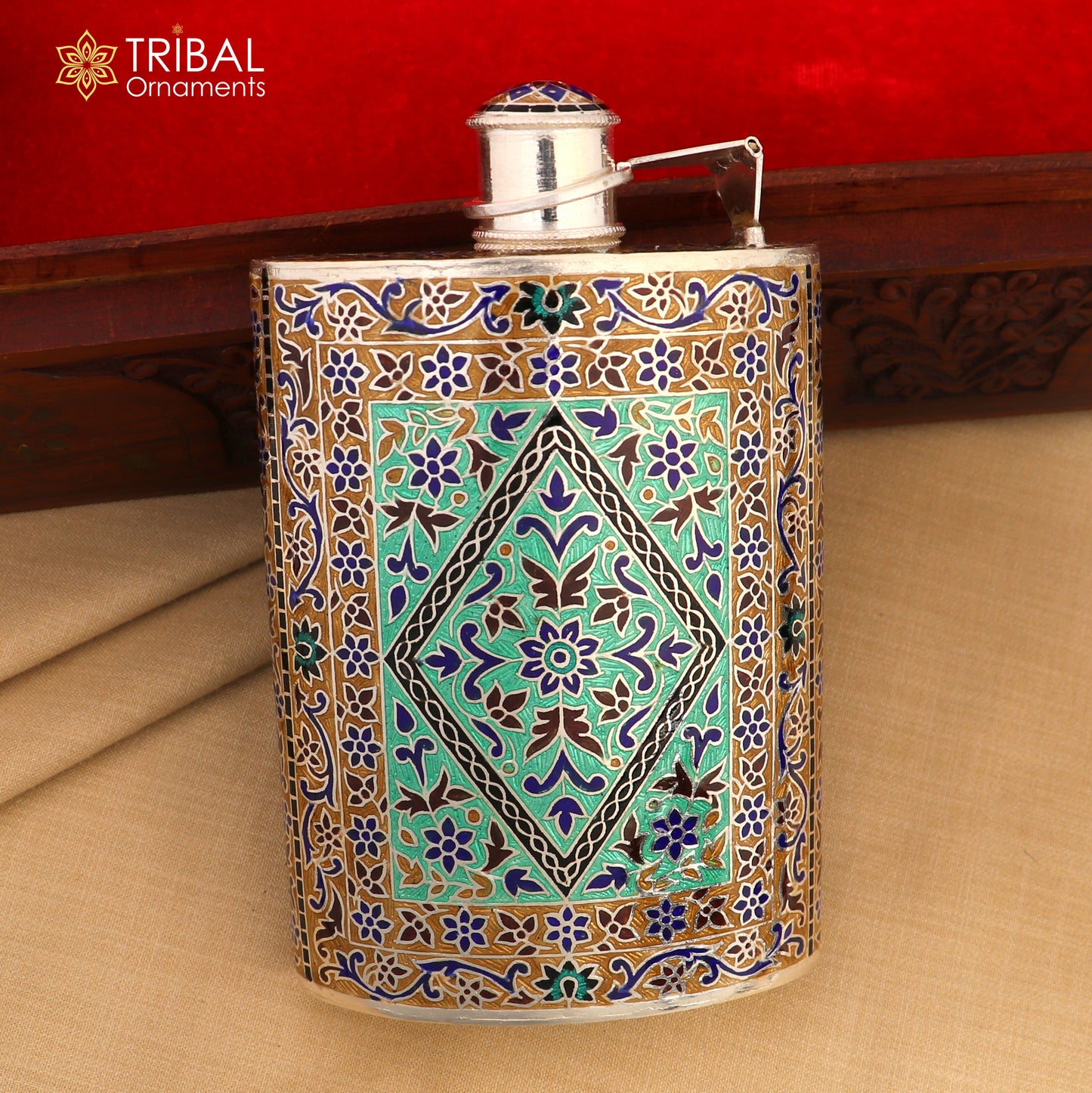 925 sterling silver minakari design silver wine bottle, silver drink bottle, royal style silver article,utensil sv321 - TRIBAL ORNAMENTS