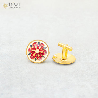 925 Sterling silver Minakari flower design cufflinks set of 2 for men's coats or suits, gold polished jewelry by TRIBAL ORNAMENTS