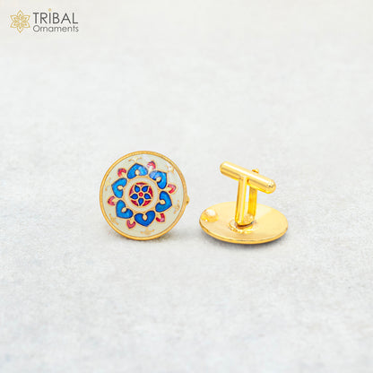 925 Sterling silver cufflinks with gold-polished mandala Minakari design, set of 2 for men's coat or suit, by Tribal Ornaments.
