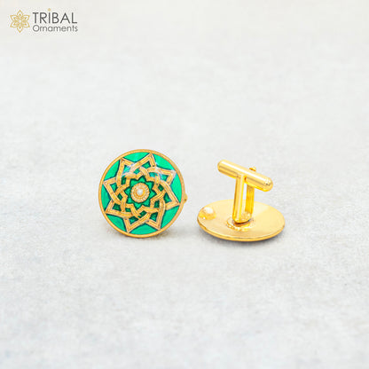 Sterling silver cufflinks set with gold-polished finish and mandala minakari design for men's coat or suit.