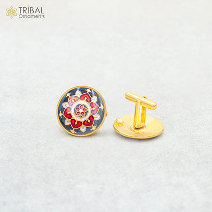 925 Sterling silver cufflinks set with gold-polished minakari mandala design for men's coat or suit from TRIBAL ORNAMENTS.