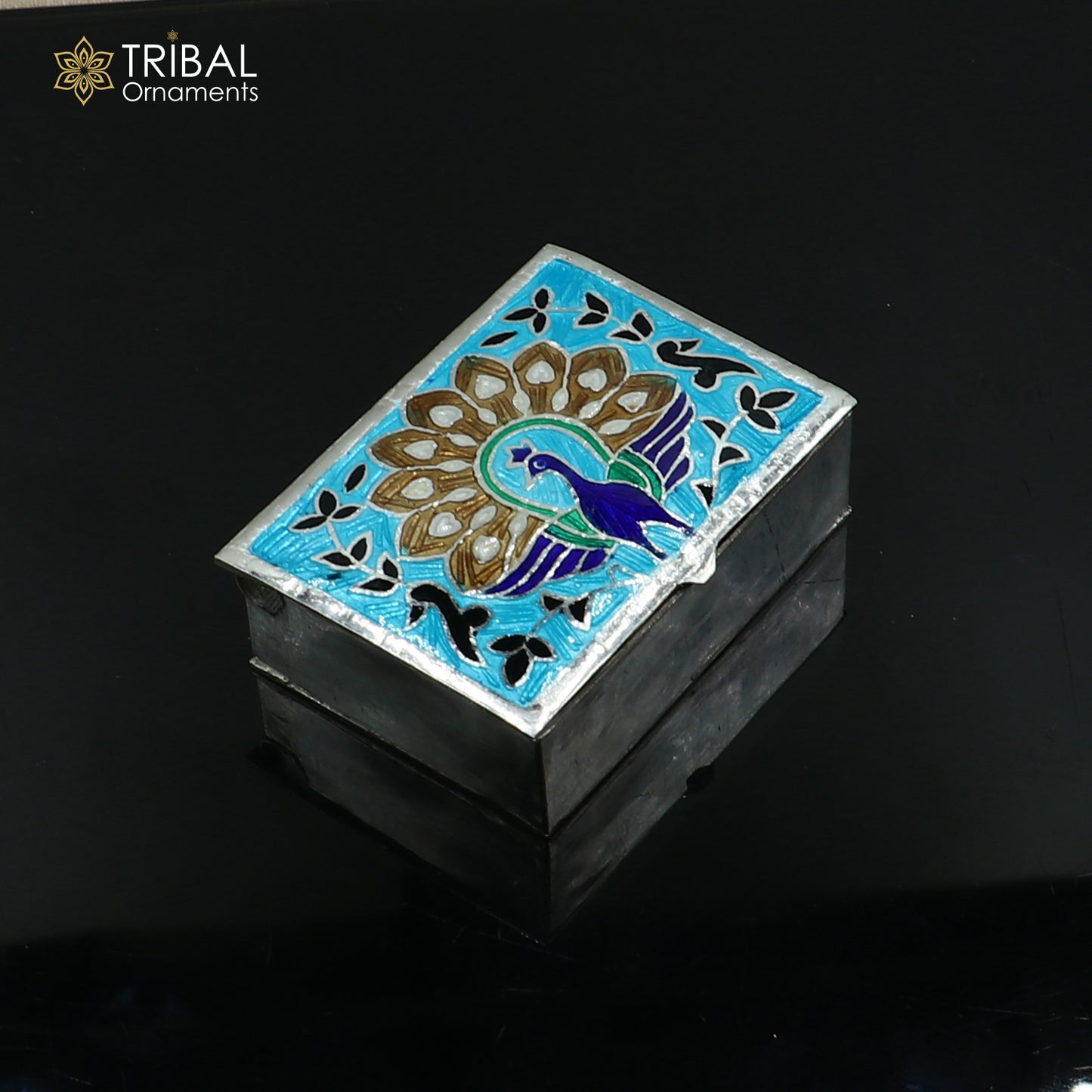 925 sterling silver minakari peacock design trinket ,casket,container, Sindoor box brides jewelry stb870 - TRIBAL ORNAMENTS