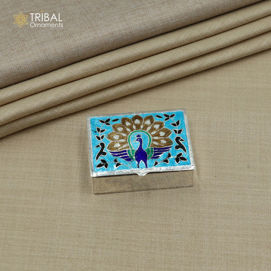 925 sterling silver minakari peacock design trinket ,casket,container, Sindoor box brides jewelry stb870 - TRIBAL ORNAMENTS