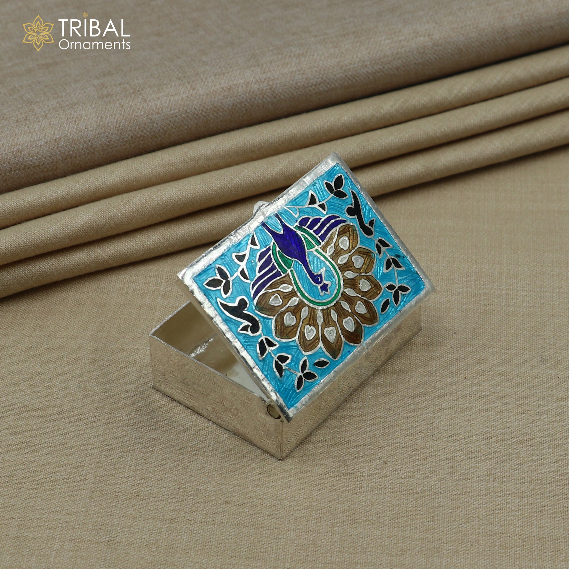925 sterling silver minakari peacock design trinket ,casket,container, Sindoor box brides jewelry stb870 - TRIBAL ORNAMENTS