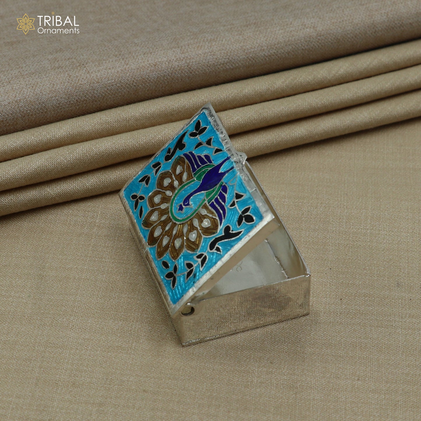 925 sterling silver minakari peacock design trinket ,casket,container, Sindoor box brides jewelry stb870 - TRIBAL ORNAMENTS