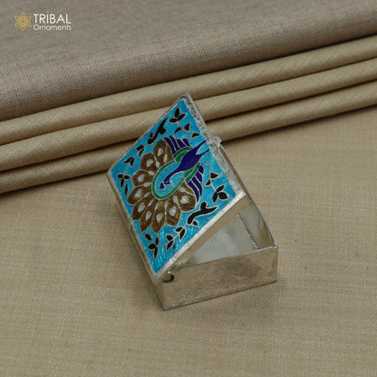 925 sterling silver minakari peacock design trinket ,casket,container, Sindoor box brides jewelry stb870 - TRIBAL ORNAMENTS