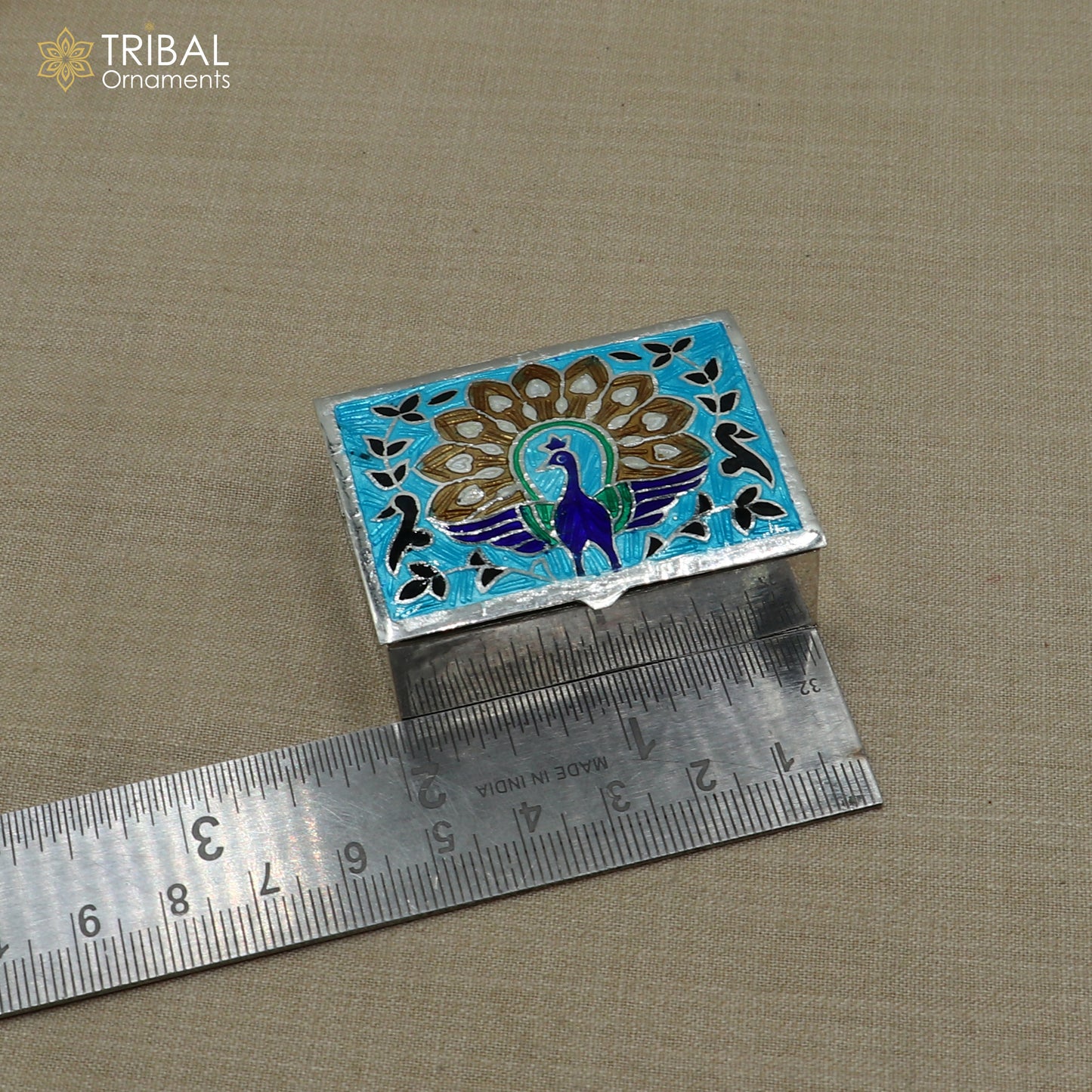 925 sterling silver minakari peacock design trinket ,casket,container, Sindoor box brides jewelry stb870 - TRIBAL ORNAMENTS
