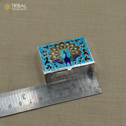 925 sterling silver minakari peacock design trinket ,casket,container, Sindoor box brides jewelry stb870 - TRIBAL ORNAMENTS